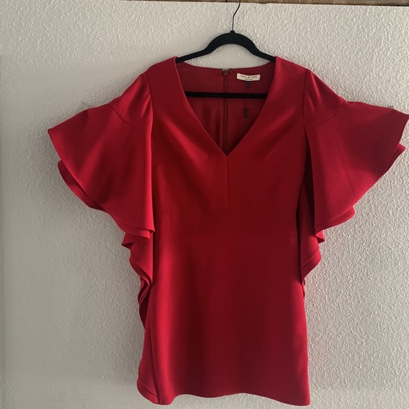 Crimson Red Halston Heritage Evening Collection V-neck dress with bat sleeves. - Picture 8 of 13